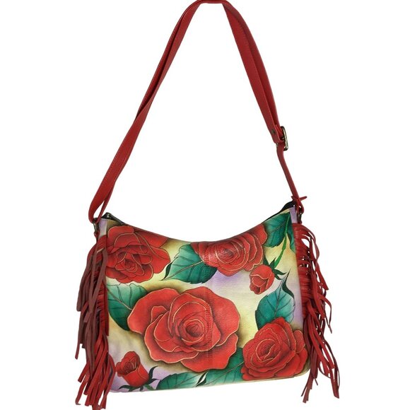 Anuschka Handpainted NEVER USED Large Leather Hobo Cross Body Roses Fringe RFID - Picture 1 of 12